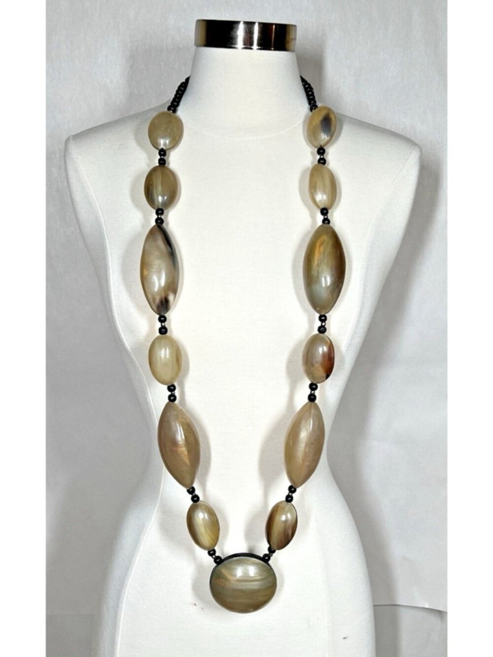 Vintage Giant Horn Bead Necklace 50" Oversized Sculptural Statement Jewelry